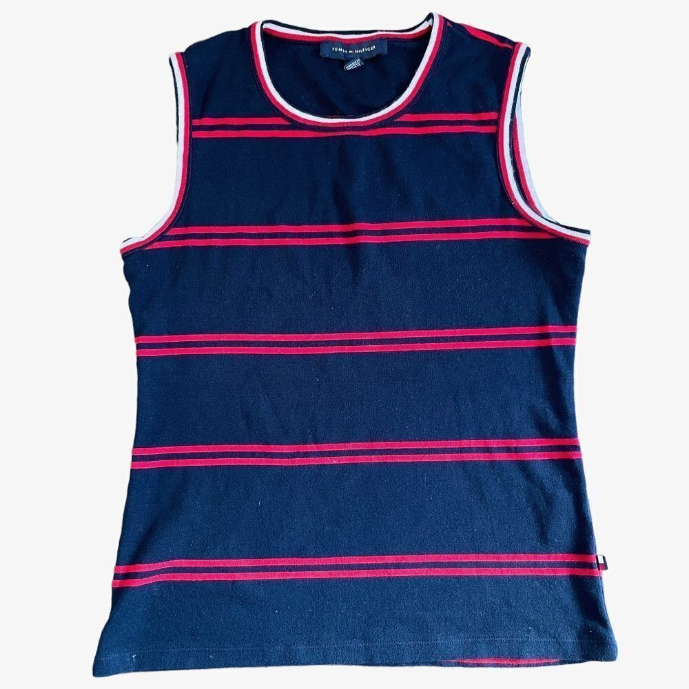 Tommy Hilfiger Tank Top Womens Small Navy Blue Red Striped Sleeveless Shirt Crew